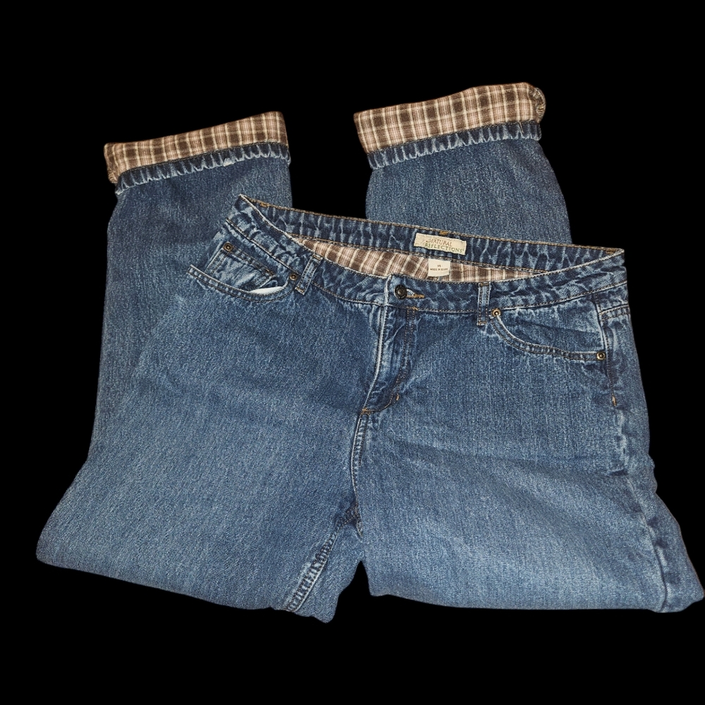 Natural Reflections Size 14 Flannel Lined Brown Tan Plaid Denim Blue Jeans